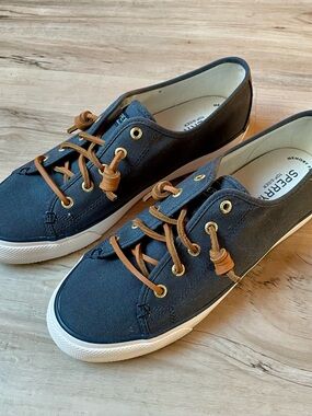 Sperry Navy Canvas Lace-Up Sneakers with Tan Laces